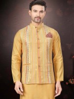 Light Orange Pure Silk Readymade Kurta Pajama With Jacket